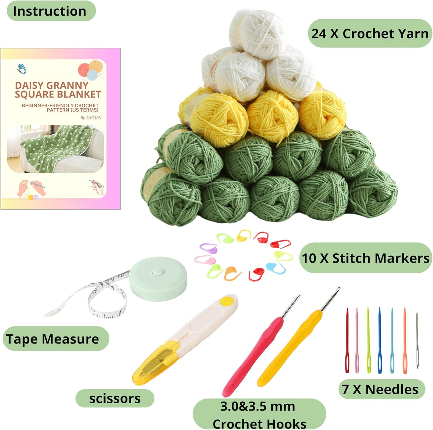 CSWCS Crochet Blanket Kit for Beginners, Daisy Granny Square Throw Kit for Adults, Easy Learn How to Knitting with Yarn & Hook, Complete Starter Set with Step-by-Step Instructions (39" x 31")