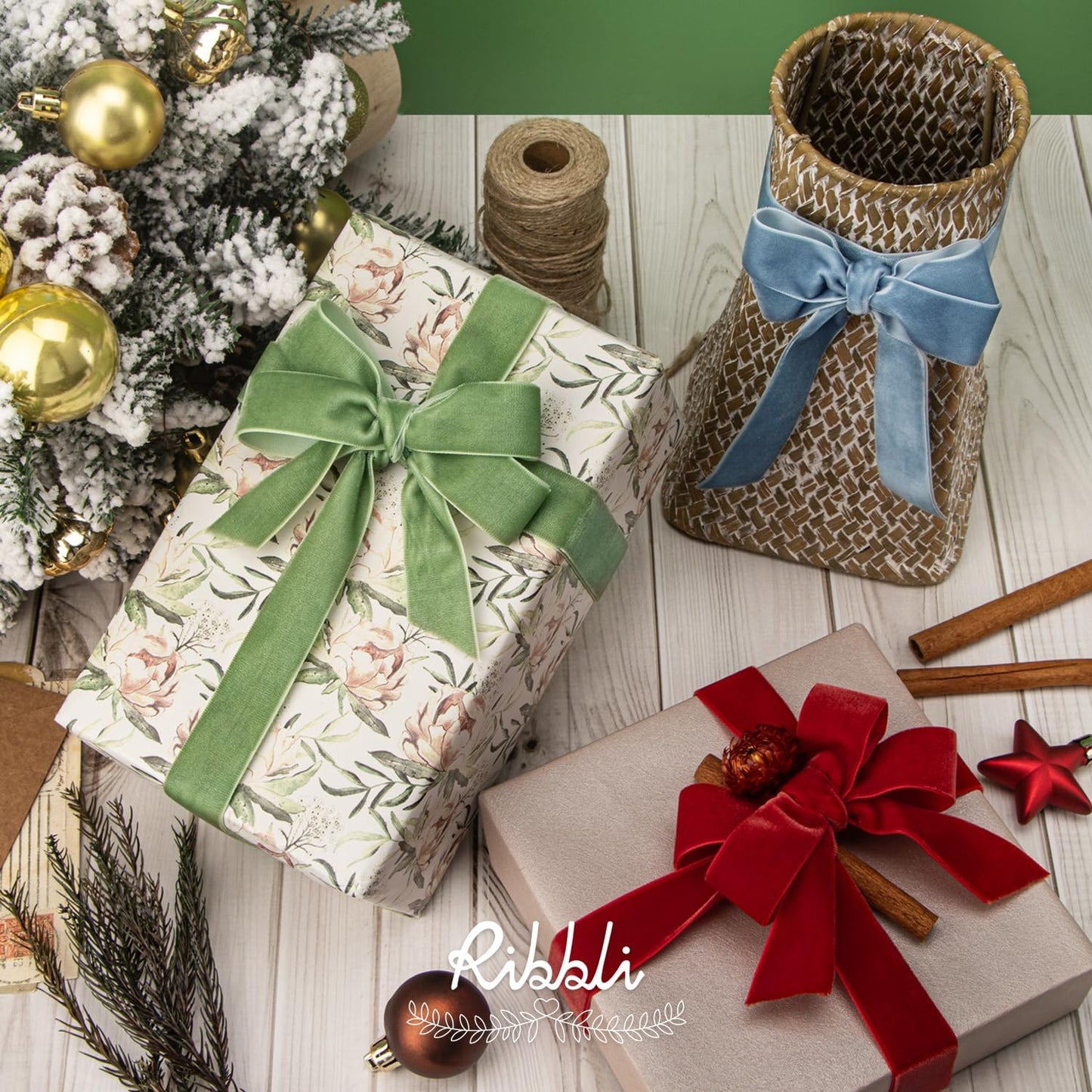 Ribbli Sage Green Velvet Ribbon 1 Inches Continuous10 Yard Spool Spring Moss Christmas Ribbon for Gift Wrapping Crafts Home Decor