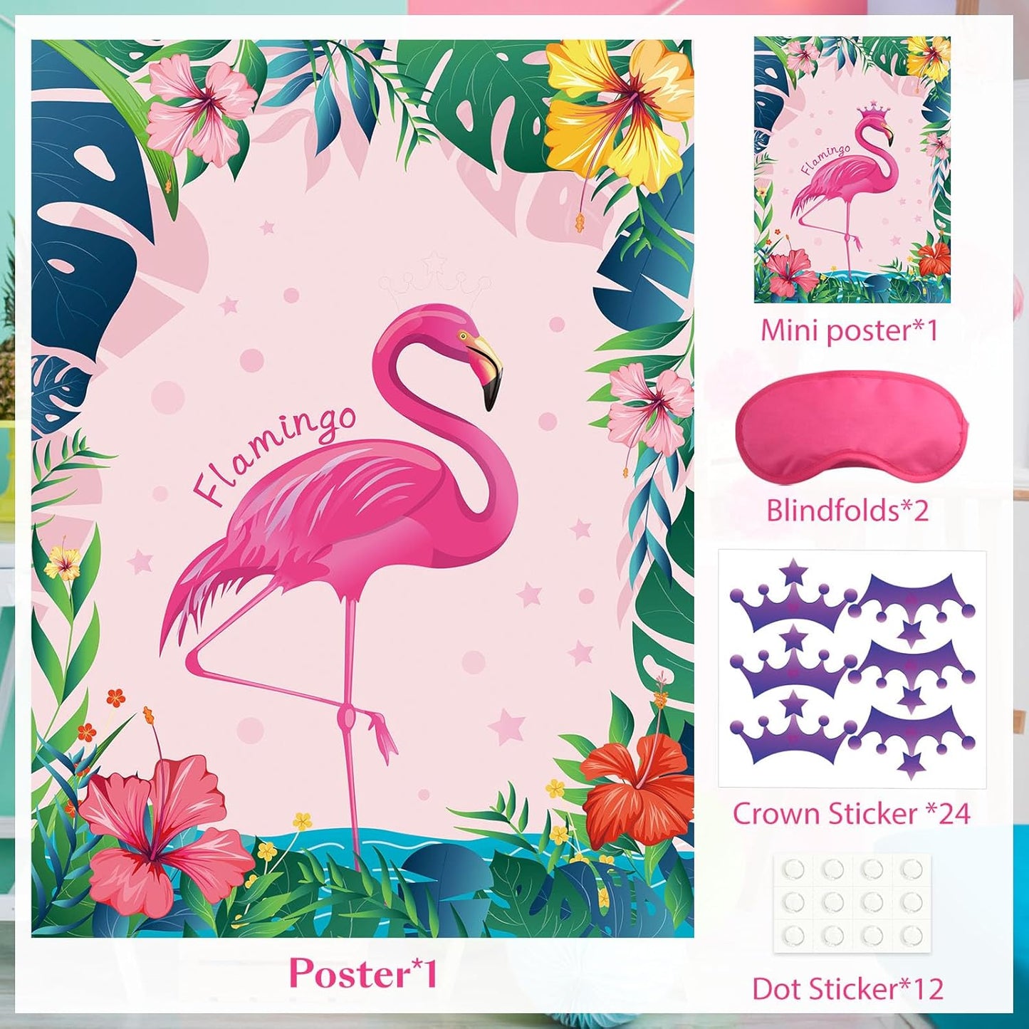 ASTARON Pin The Crown on The Flamingo, Flamingo Theme Party Game with 24 Crown Stickers for Birthday Party and Hawaiian Luau Tiki Party Supplies