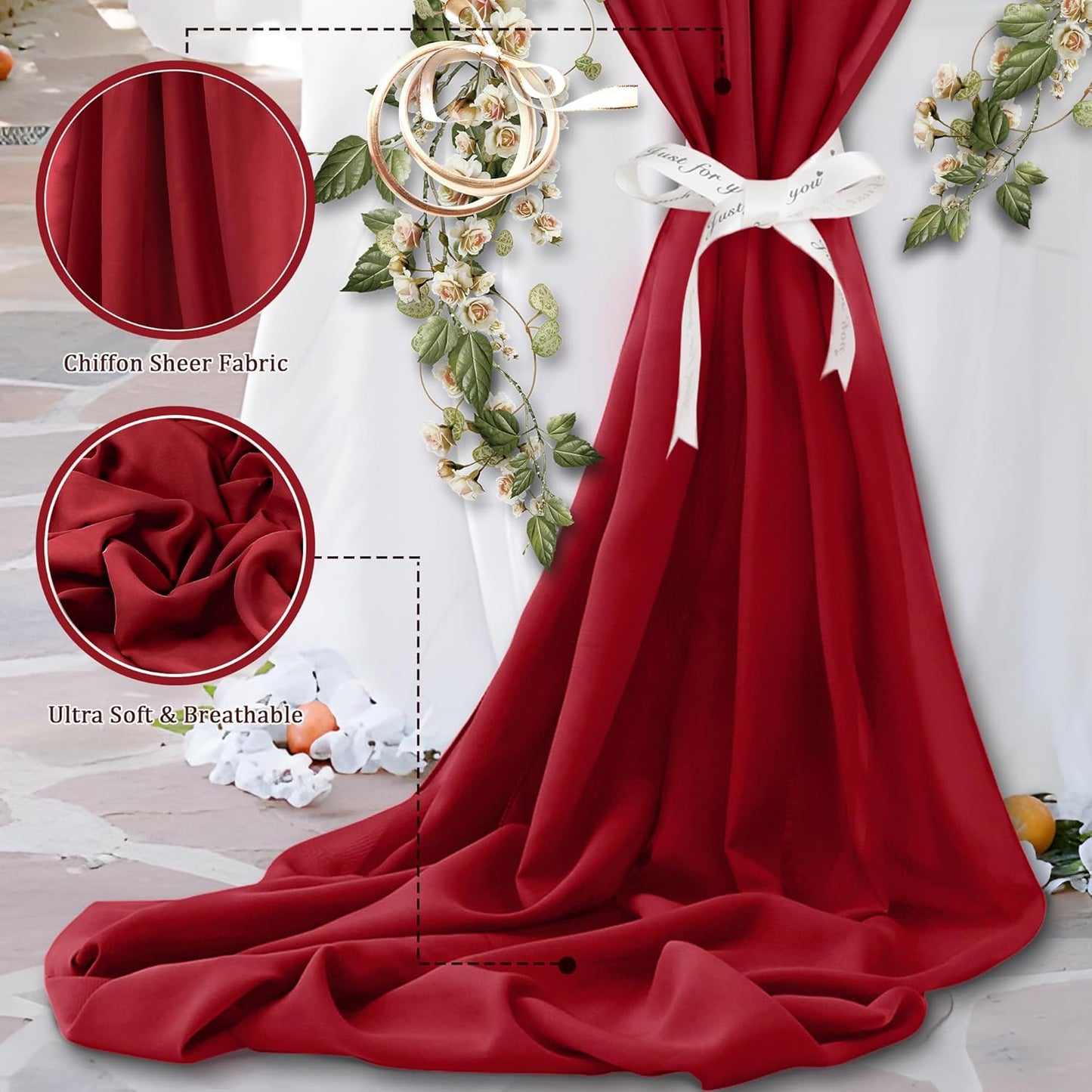 Horbaunal Burgundy Chiffon Fabric by The Yard, 5 Yard Continuous Sheer Fabric 59" Wide Soft Draping Fabric for Wedding Arch Draping Party Backdrop DIY Sewing