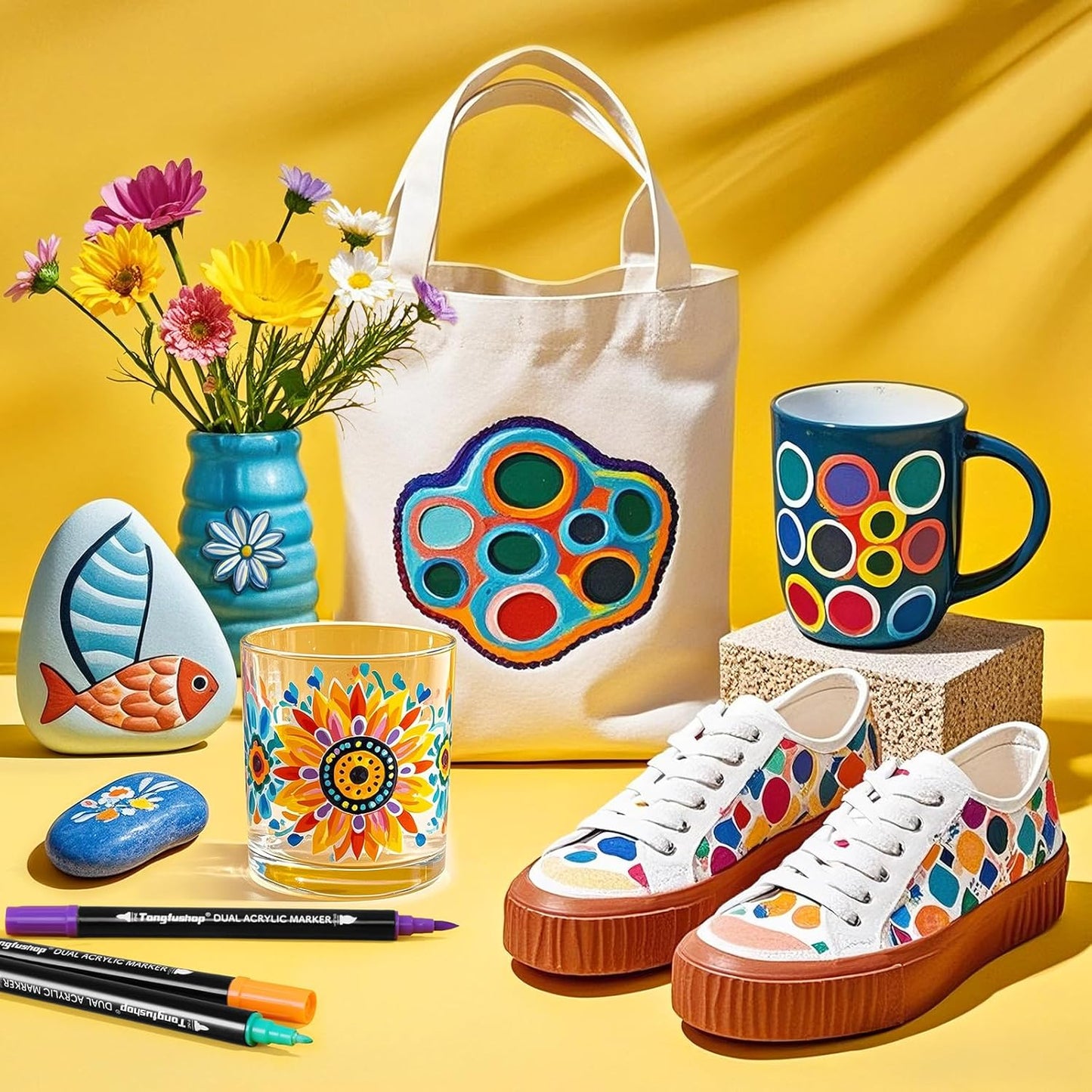 Tongfushop 72 Colors Acrylic Paint Markers, Dual Tip Acrylic Paint Pens with Brush Tip & Fine Tip, Wood Markers for Rock Painting, Wood, Canvas, Stone, Glass, Ceramic, DIY Crafts, Art Supplies