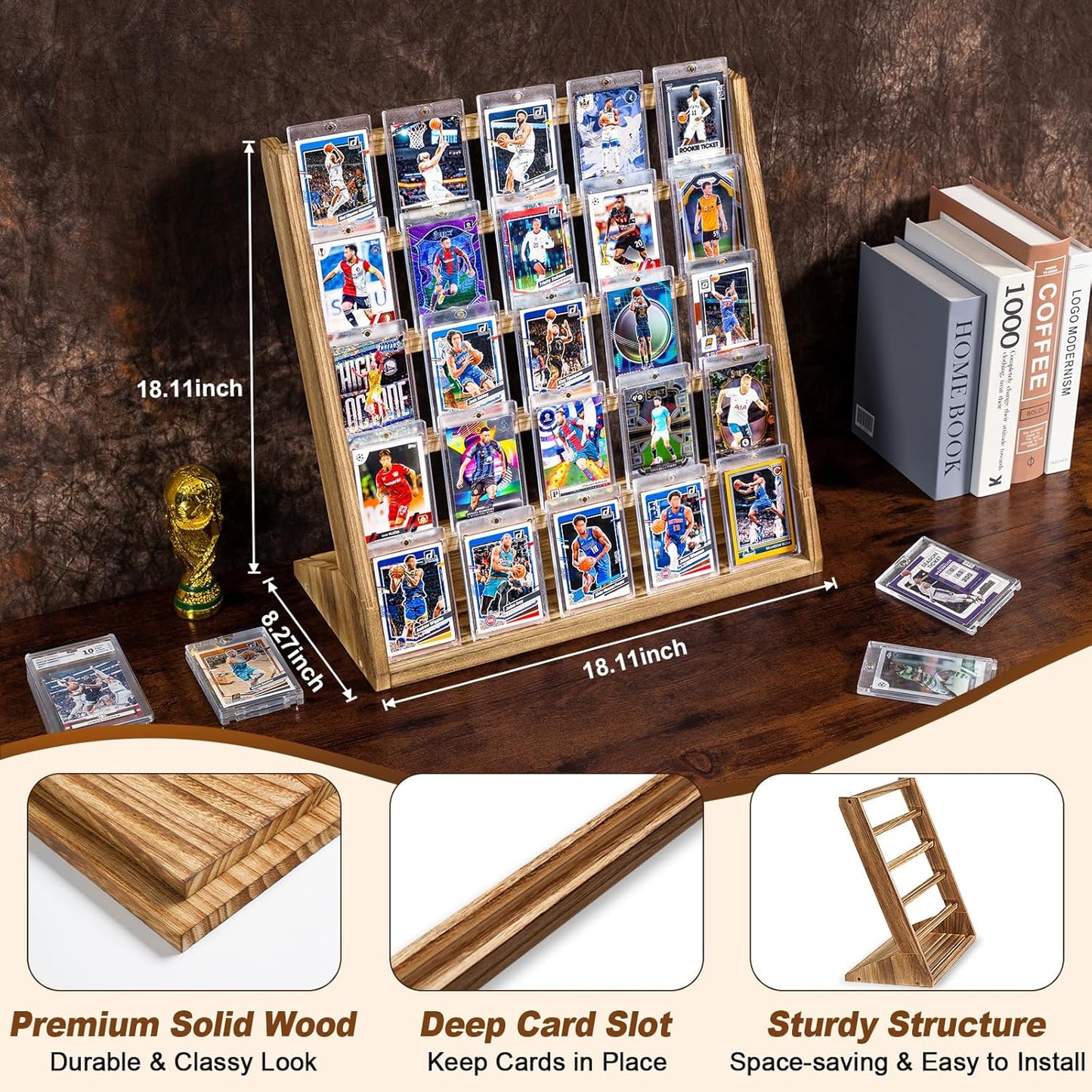 Emfogo Trading Card Display Stand, 5 Tier Sports Graded Card Display, Wooden Trading Card Display Stand for Soprts Card Collection & Show, Brown