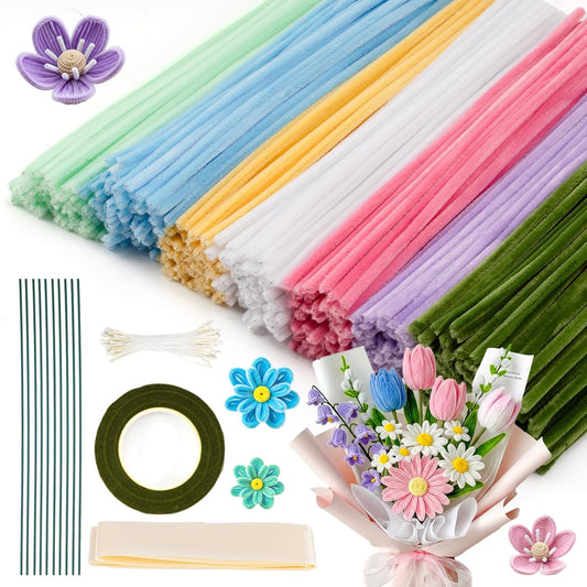 Caydo 500 Pieces Pipe Cleaners Flower Set, Chenille Stems, Pipe Cleaner Craft Supplies Bulk Fluffy Fuzzy Sticks for DIY Art Projects Creative Gift Party Decorations (Macaron)