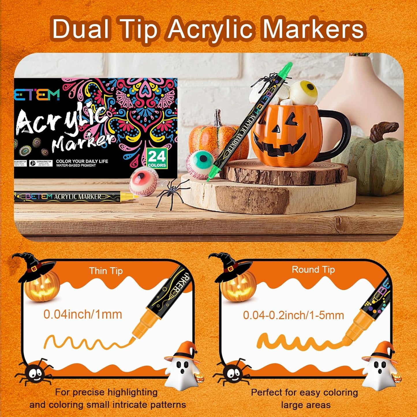 Betem 24 Colors Dual Tip Acrylic Paint Pens Markers, Premium Acrylic Paint Pens for Halloween Decorations, Wood, Canvas, Stone, Rock Painting, Glass, Ceramic Surfaces, Pumpkin Painting Kit DIY Crafts