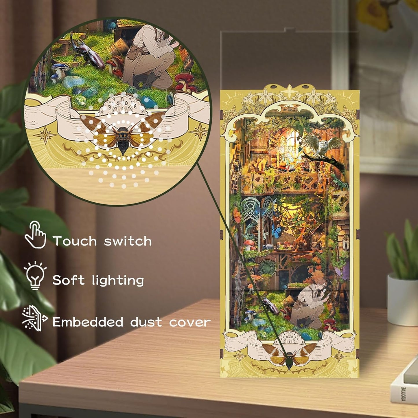 DIY Book Nook Kit,DIY Dollhouse Booknook Bookshelf Insert Decor,3D Wooden Puzzles with LED Dust Cover,Book Nook Miniature Kit,Birthday Halloween Home Decor for Teens Adult-Insects Story