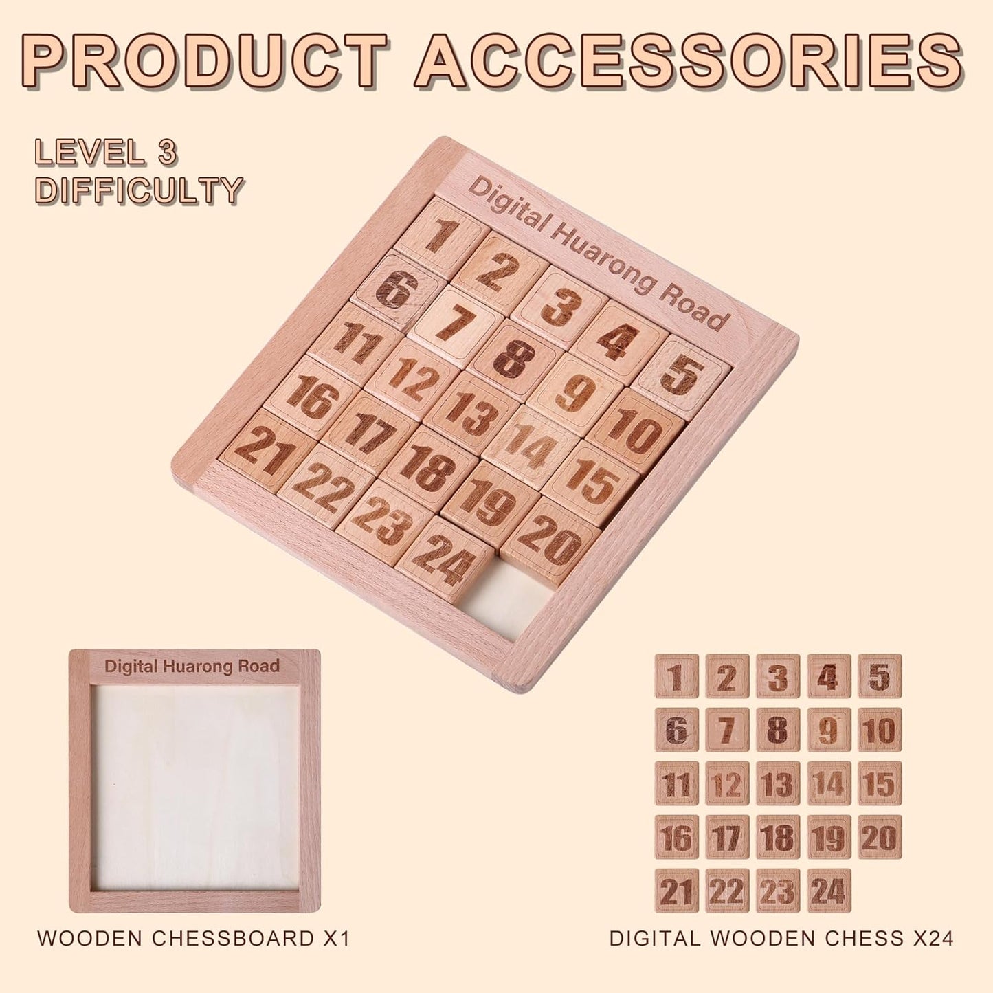 Wooden Number Sliding Puzzle，Brain Teasers Toy Tangram Slide Puzzle Game，Sequential Puzzles Board Game，Educational Toys for Kids and Adults（Number 1-24）