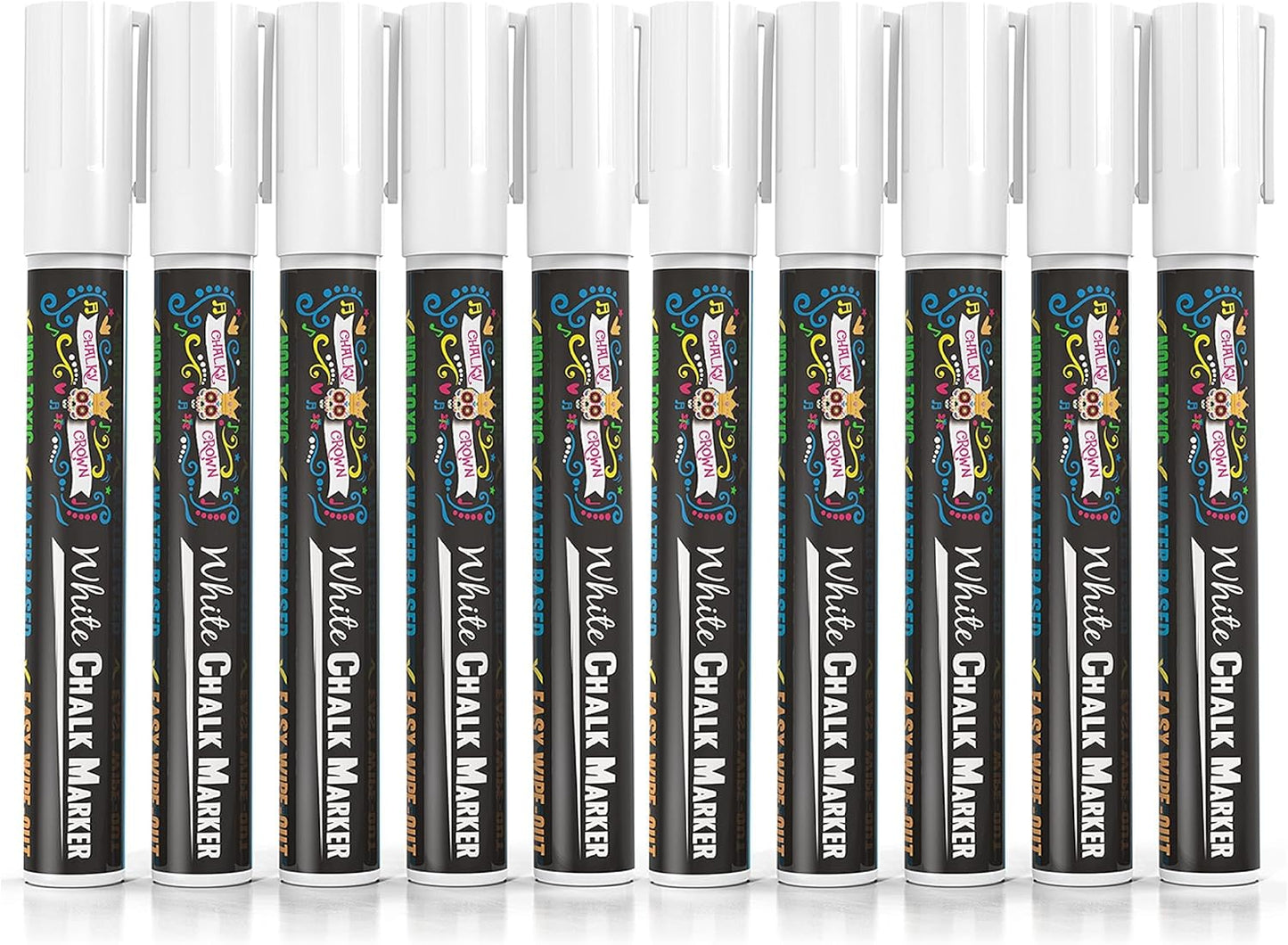 CHALKY CROWN Liquid Chalk Marker Pen - White Dry Erase Marker - Chalk Markers for Chalkboard Signs, Windows, Blackboard, Glass - 6mm Reversible Tip (10 Pack)