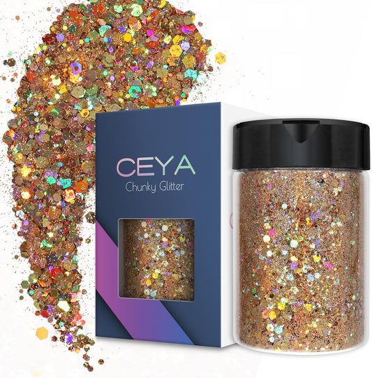 Ceya Holographic Chunky Glitter, 4.9oz/ 140g Gold Craft Glitter Powder Mixed Chunky & Fine Flakes Iridescent Nail Sequins for Nail Art, Hair, Epoxy Resin, Tumblers, Slime, Painting, Festival Decor