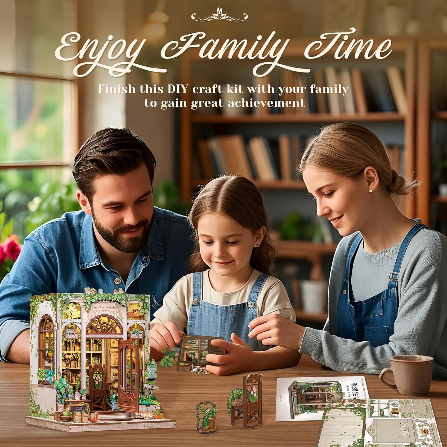 CUTEBEE Book Nook Kit - DIY Miniature House Dollhouse Kit for Adults and Teens, Booknook Tiny House Bookshelf Decor 3D Wooden Puzzle, Gifts for Family Friends (Green Life Bookshop)