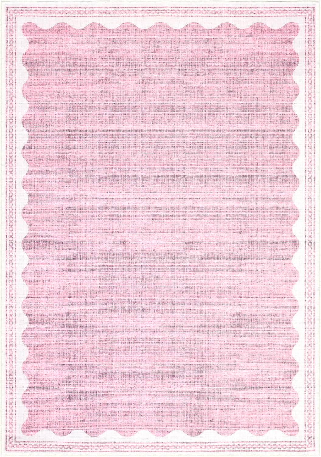 Scalloped Washable Rug 5x7 Area Rugs for Living Room, Solid Pink Rugs for Bedroom Girls, Non Slip Scalloped Rug Throw Mat with Rubber Back, Soft Dorm Nursery Low Pile Carpet for Dining Room