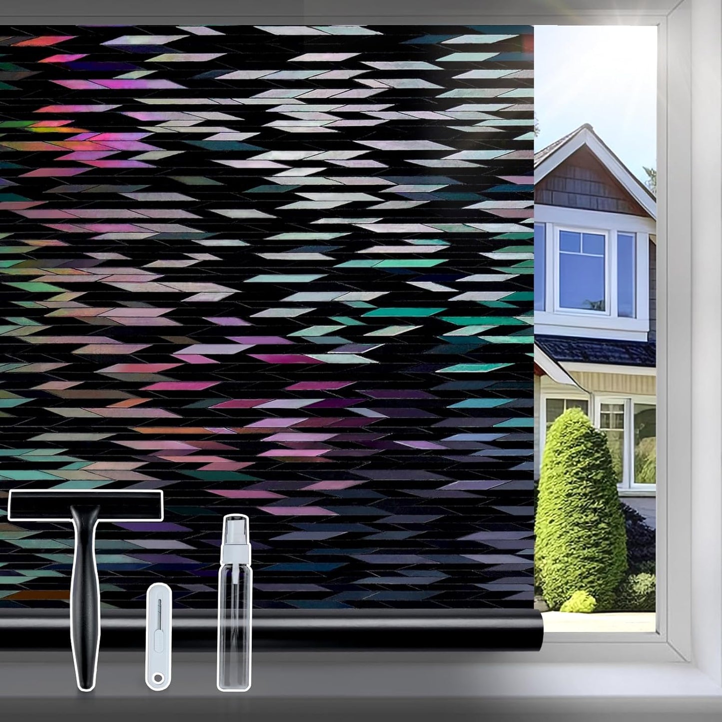 rabbitgoo Window Privacy Film, Total Blackout Window Film, Stained Glass Heat Control Glass Thermal Sticker, Room Darkening Door Cover, Anti-UV Privacy Cling with Installation Tools, 35.4" x 157.4"