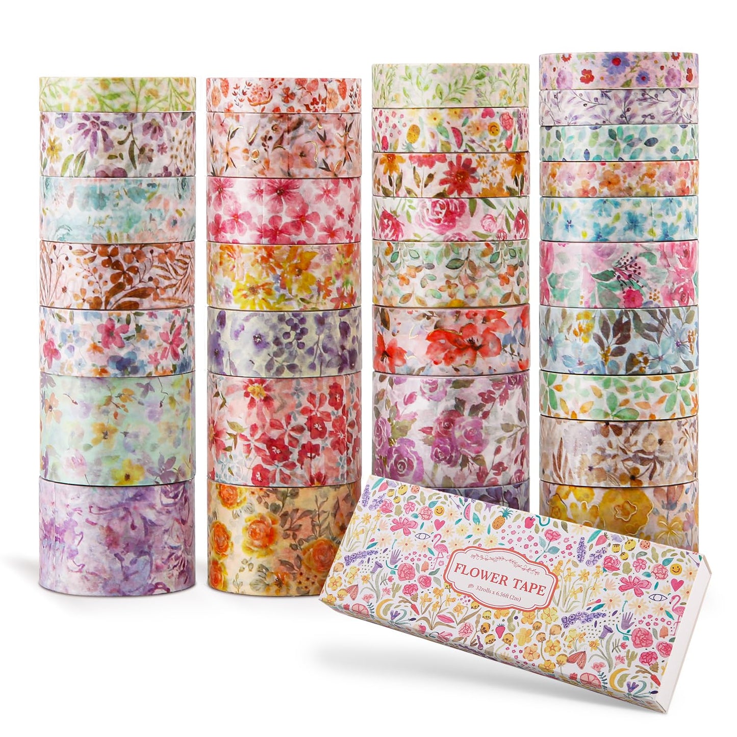 32 Rolls Washi Tape Set, Colored Floral Decorative Masking Tape, Artists Tapes for Junk Journal, Journaling, DIY Craft Projects, Scrapbooking Supplies Decor