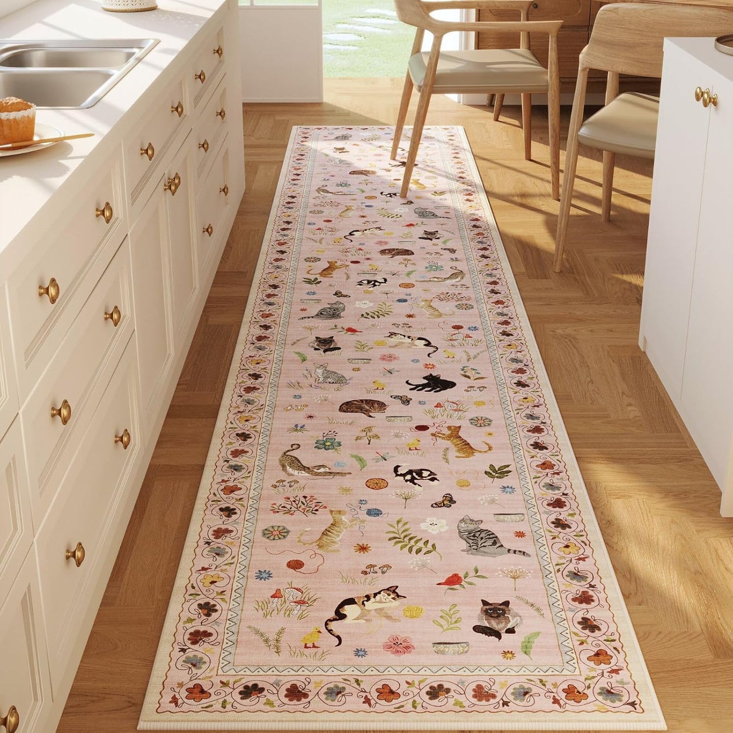 Rugcomf Runners for Kitchen Runner Rug Non Slip 2'x10' Long Washable Rugs with Rubber Backing Soft Floral Animal Cat Carpet Runner for Kitchen Laundry Bedroom Bathroom, Pink