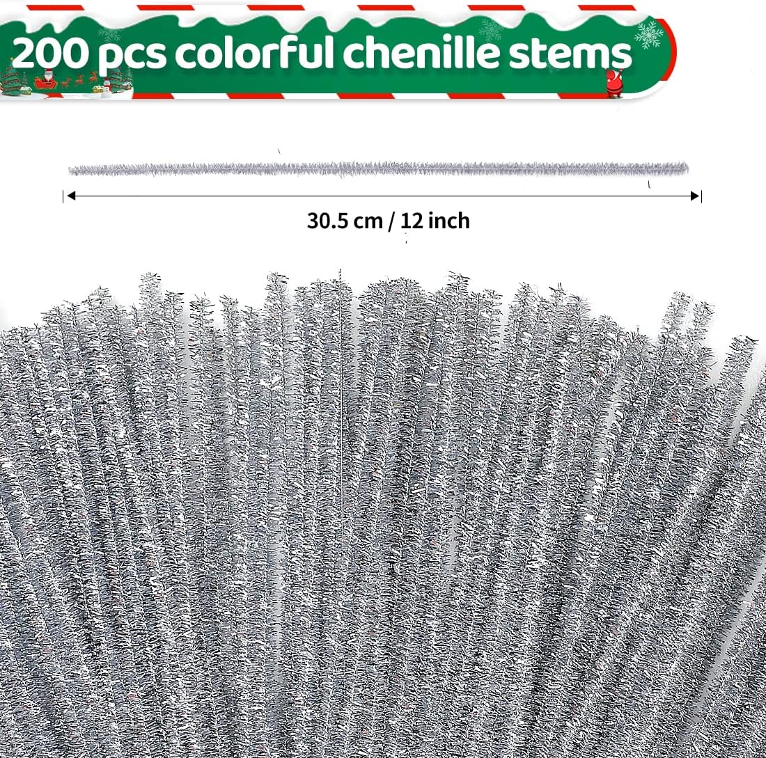 Eppingwin 200pcs Pipe Cleaners, Glitter Silver Pipe Cleaners Craft Supplies,Chenille Stems for DIY Arts Crafts Project(Glitter Silver)