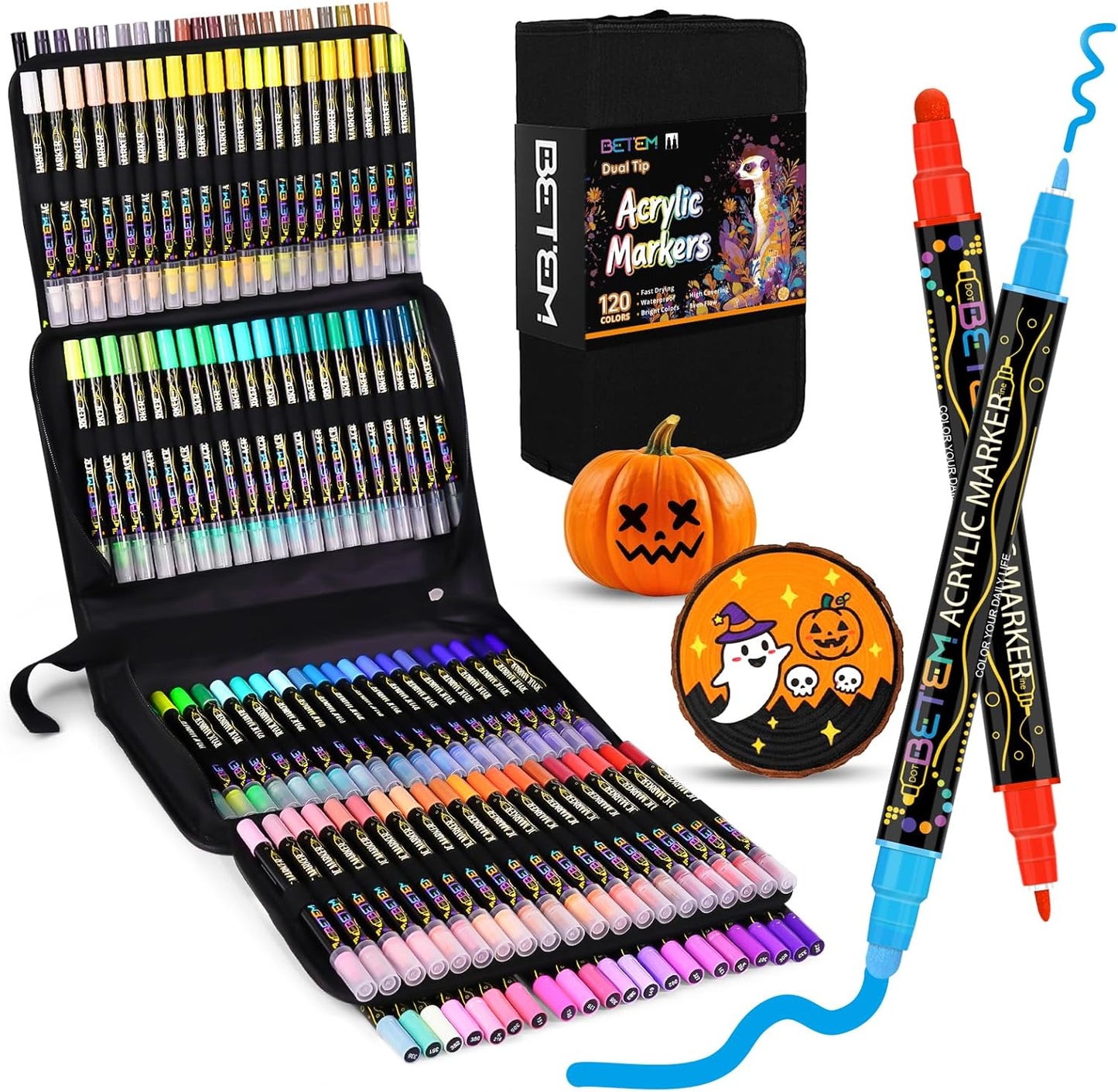 Betem Acrylic Paint Markers Pens, Dual Tip 120 Colors Premium Paint Pens Acrylic Markers for Wood, Fabric, Canvas, Stone, Rock Painting, Glass, Ceramic Surface, DIY Crafts Making Art Supplies with Bag