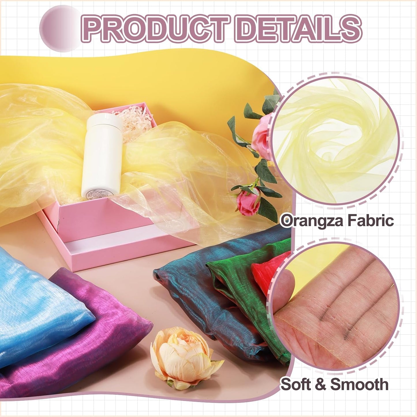 MECCANIXITY Iridescent Sheer Organza Fabric, 2 Yards x 59 Inches Solid Holographic Shiny Fabric Organza Cloth for Wedding, Curtains, Costume, Photo Background, Gradient Yellow