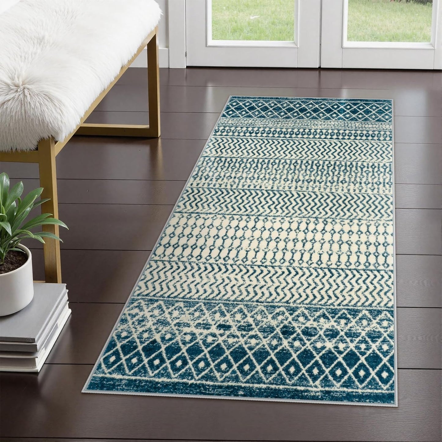 Moroccan Small Rug for Bedroom 2x4, Soft Non-Slip Indoor Door Mats for Entryway, Low-Pile Non-Shedding Blue Rug Vintage Rugs for Kitchen Bathroom Laundry Room