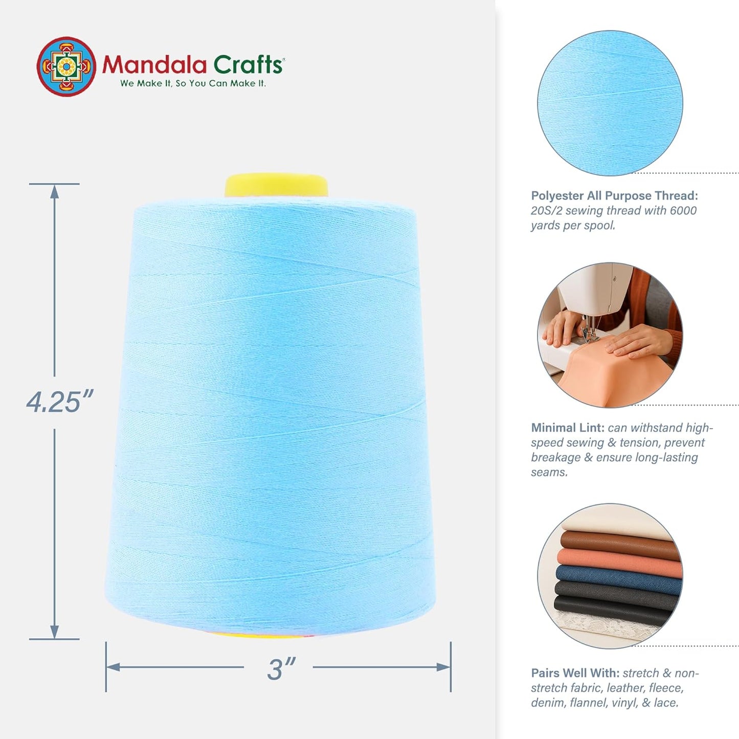 Mandala Crafts 4 Pack of Serger Threads Cones Spools - 20S/2 24000 Yards Polyester Baby Blue Threads for Sergers Machine and Overlock Quilting Sewing Machine