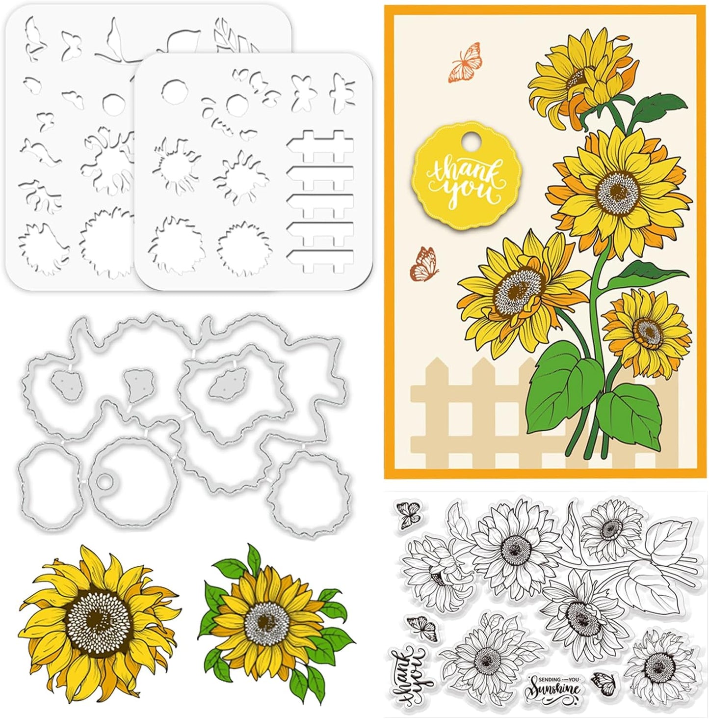 ORIGACH Realistic Sunflower Stamps and Dies and Layering Coloring Stencil Set, Silicone Stamps Metal Die Cut and Flower Stencil Template for Card Making Scrapbooking DIY Crafting