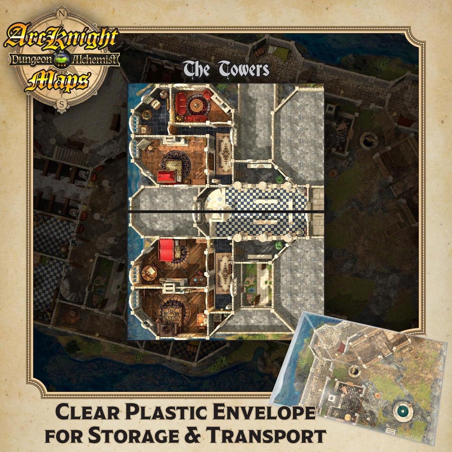 Arcknight The Noble's Keep Roleplaying D&D Battle Map; 16 Modular RPG Maps in 8 Double-Sided Pages, 1" Square Grid, Modular & Versatile DnD Map for ttrpg Gaming - for Dungeons & Dragons, Pathfinder