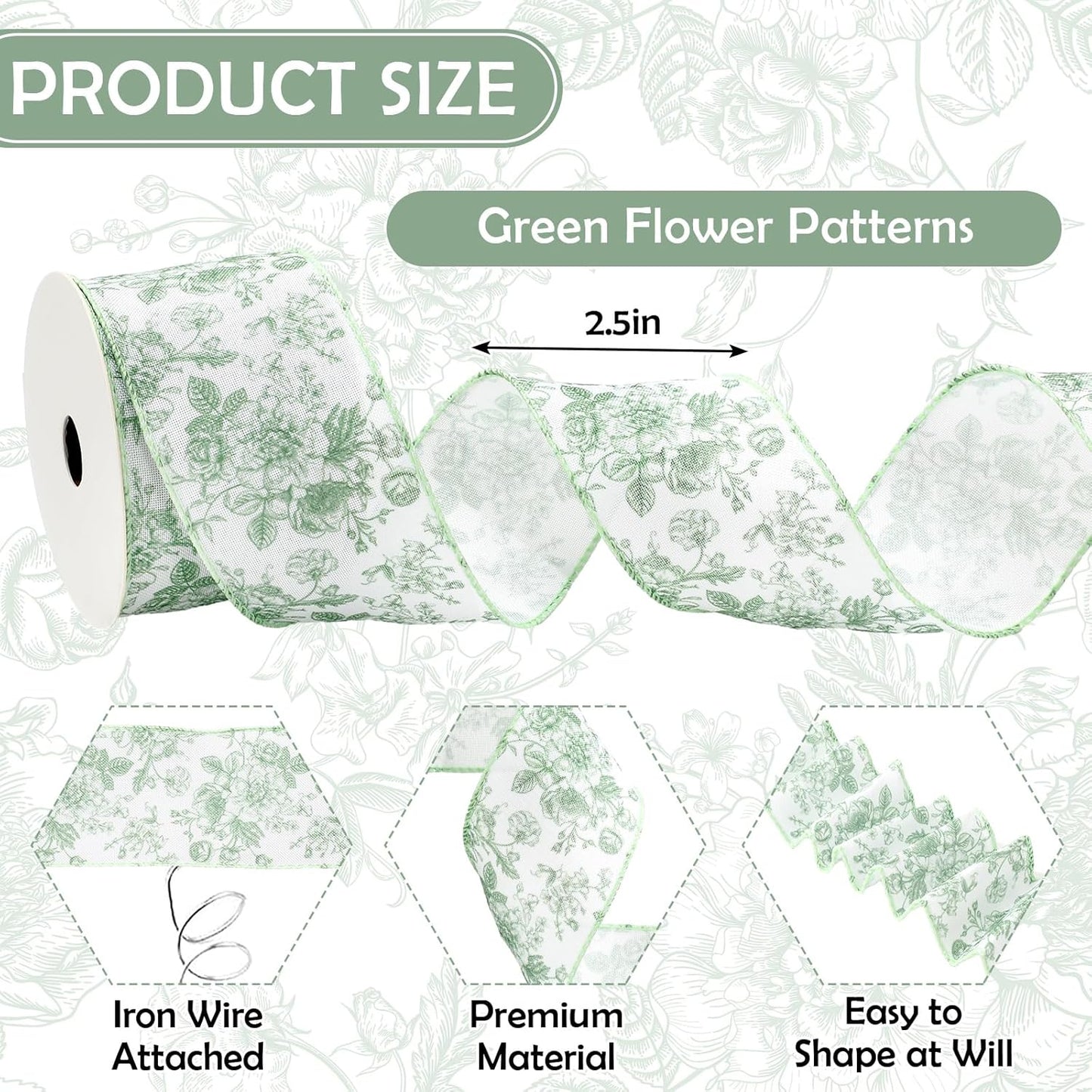 AnyDesign Floral Wired Edge Ribbon Roll Green Flower Ribbon Chinoiserie Fabric Ribbon for Wreath Bow Making DIY Crafts Gift Wrapping, 12 Yard