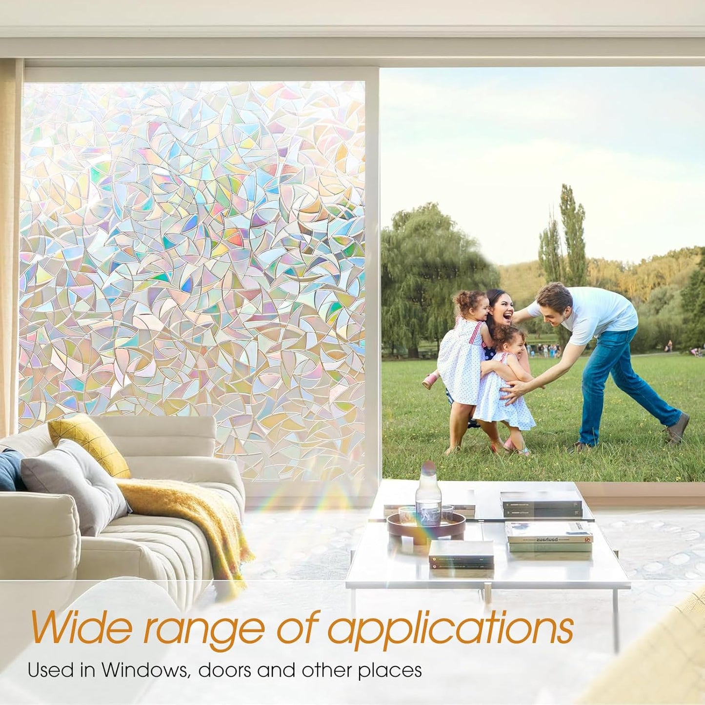 Beautyhero Window Privacy Film, Rainbow Reeded Glass Cling, 3D Decorative Coverings with UV Blocking, Static Cling for Bathroom Doors Cabinet