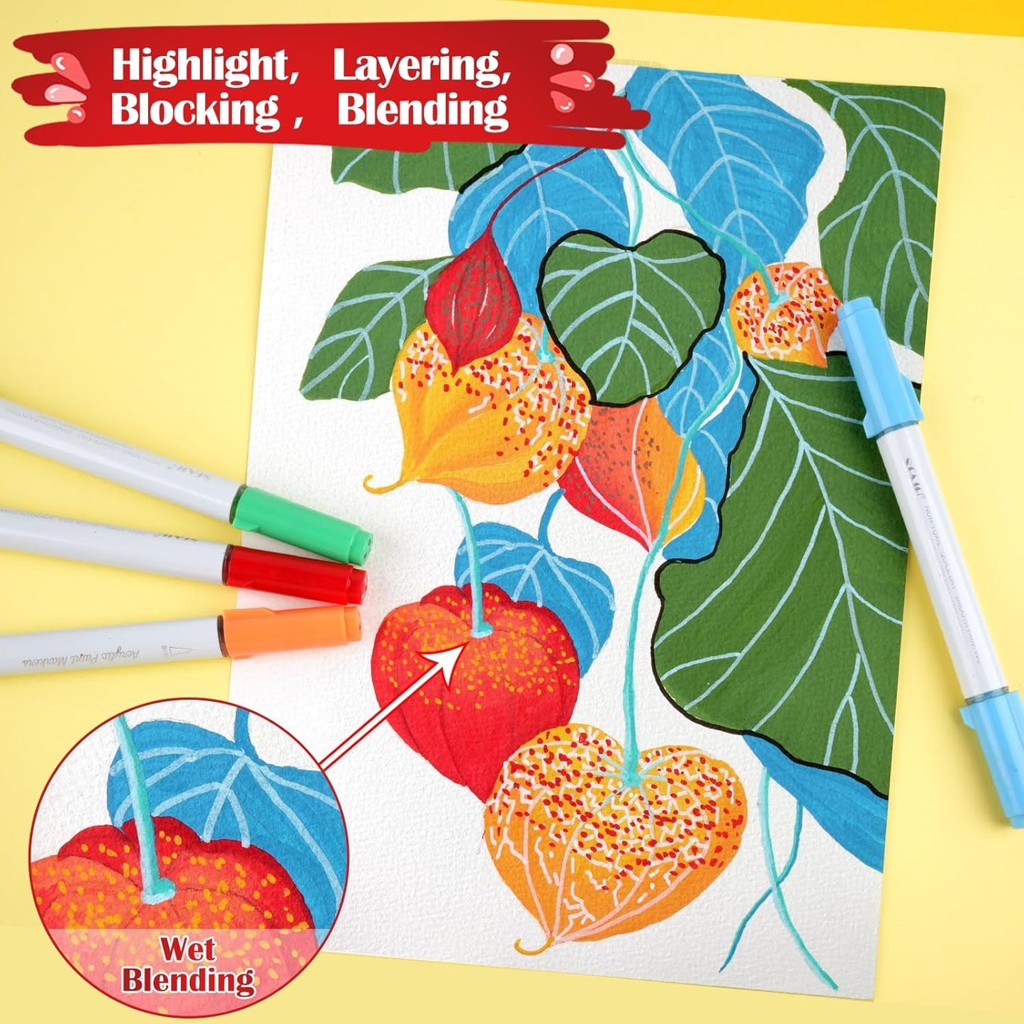 SFAIH Halloween Gifts Acrylic Paint Markers, 48 Colors Dual Tips Acrylic Brush Markers With Chisel Tip, Automatic Ink Control, Ultra-High Coverage, No Bleed Ink, Art Supplies for Rock, Canvas, Fabric