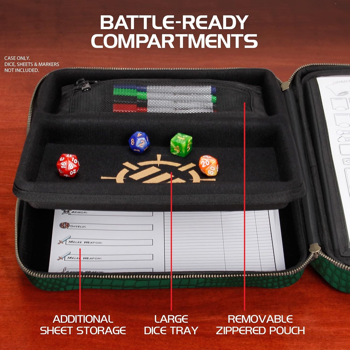 ENHANCE RPG Organizer Case - DnD Binder with Built-in Character Sheet Holder and Erasable Scribe Panel, Dice Rolling Area, Removable Pen Pouch, Miniature Foam Tray, Wrist Strap