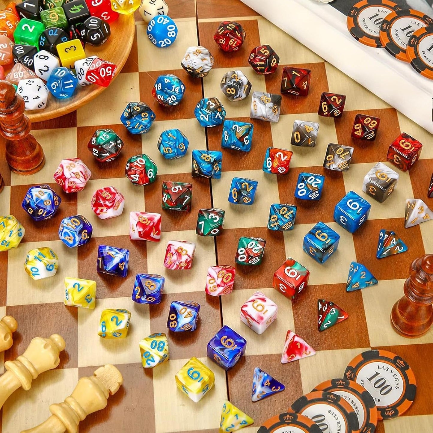 Yilloog 700 Pcs Compatible with DND Dice Sets Bulk Polyhedral Dice with Drawstring Bag Dice Multi Role Playing Table Game D4 D6 D8 D10 D% D12 D20 Compatible with Dungeons and Dragons (Assorted Style)