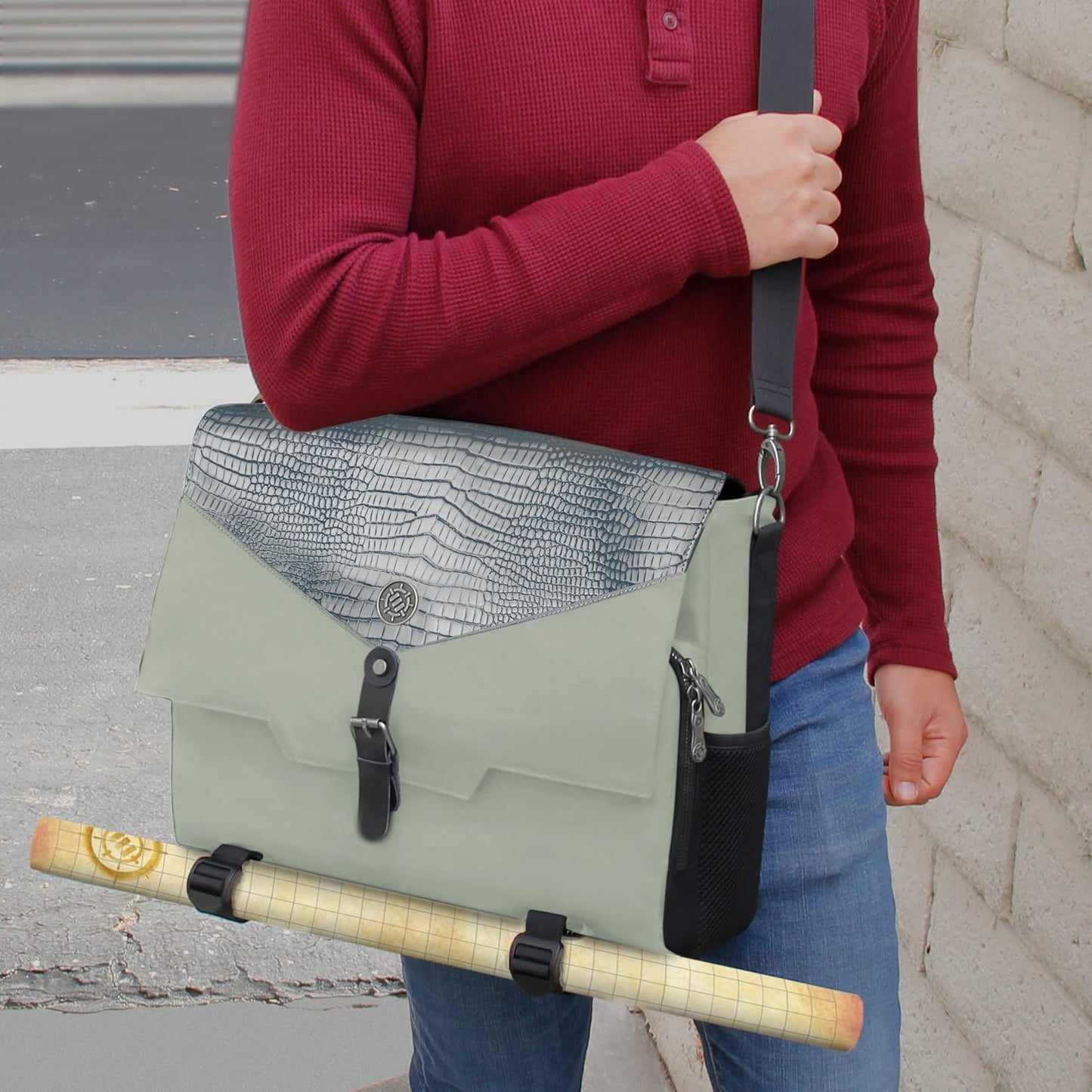 ENHANCE Collector's Edition RPG Player's Essentials DnD Bag - Dragon Hide Exterior Messenger Bag Fits 2-4 Books, Binders, Dice & Accessories, with 17 inch Laptop Slot, Battlemap Straps (Dragon Silver)