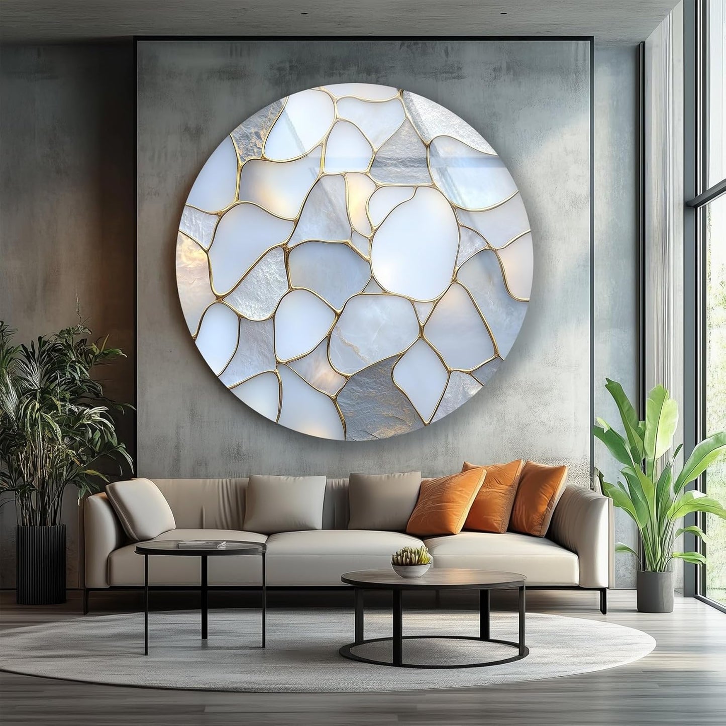 My Photostation.com 20''(50cm) Diameter White Stone Mosaic Round Glass Wall Art Tempered Glass Printing Wall Decor Large Wall Art Wall Hangings