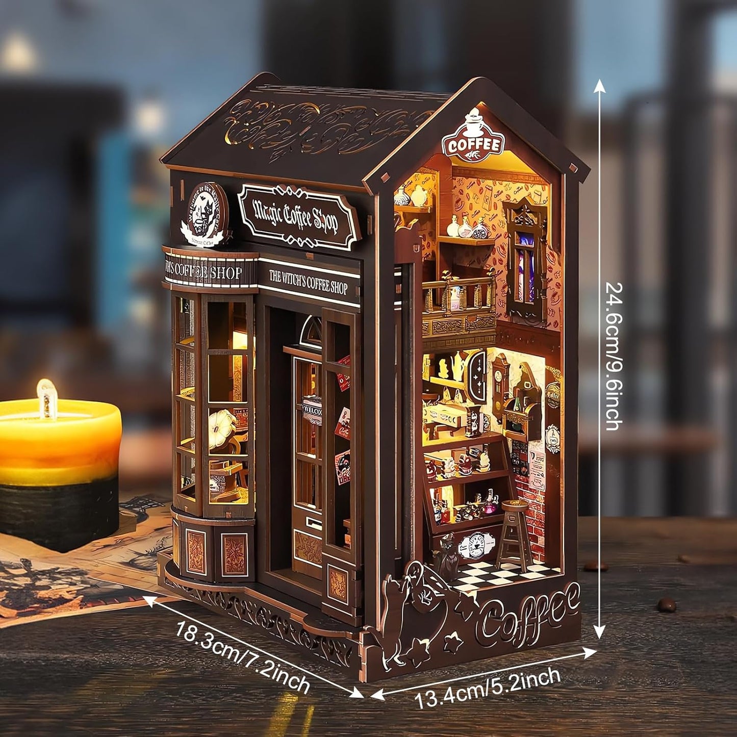 DIY Book Nook Kit, Miniature Dollhouse Bookshelf Insert with Light, Laser-Cut Wooden Craft Set for Adults, Perfect for Teens and Adults, Coffee Shop