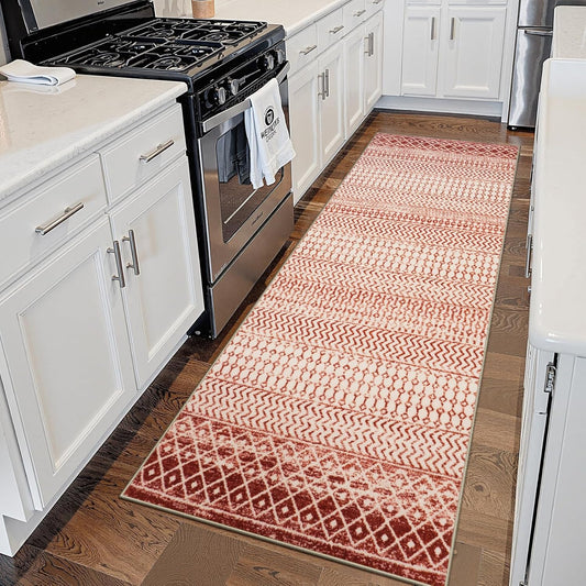 Moroccan Rug Runner 2x6, Terracotta Non Slip Washable Bathroom Rug Runners, Soft Low Pile Tribal Geometric Hallway Runner Rugs for Bedroom Kitchen Laundry Living Room