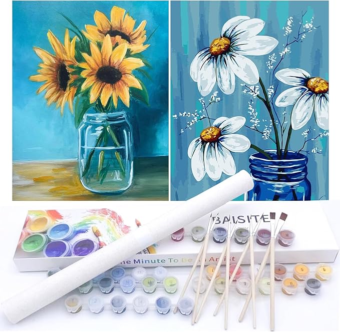 BAISITE Paint by Numbers Kit for Adults Beginners,12" Wx16 L 2 Pack Canvas for Painting Kits for Adults in Colorful Box-Daisy and Sunflowers 0304