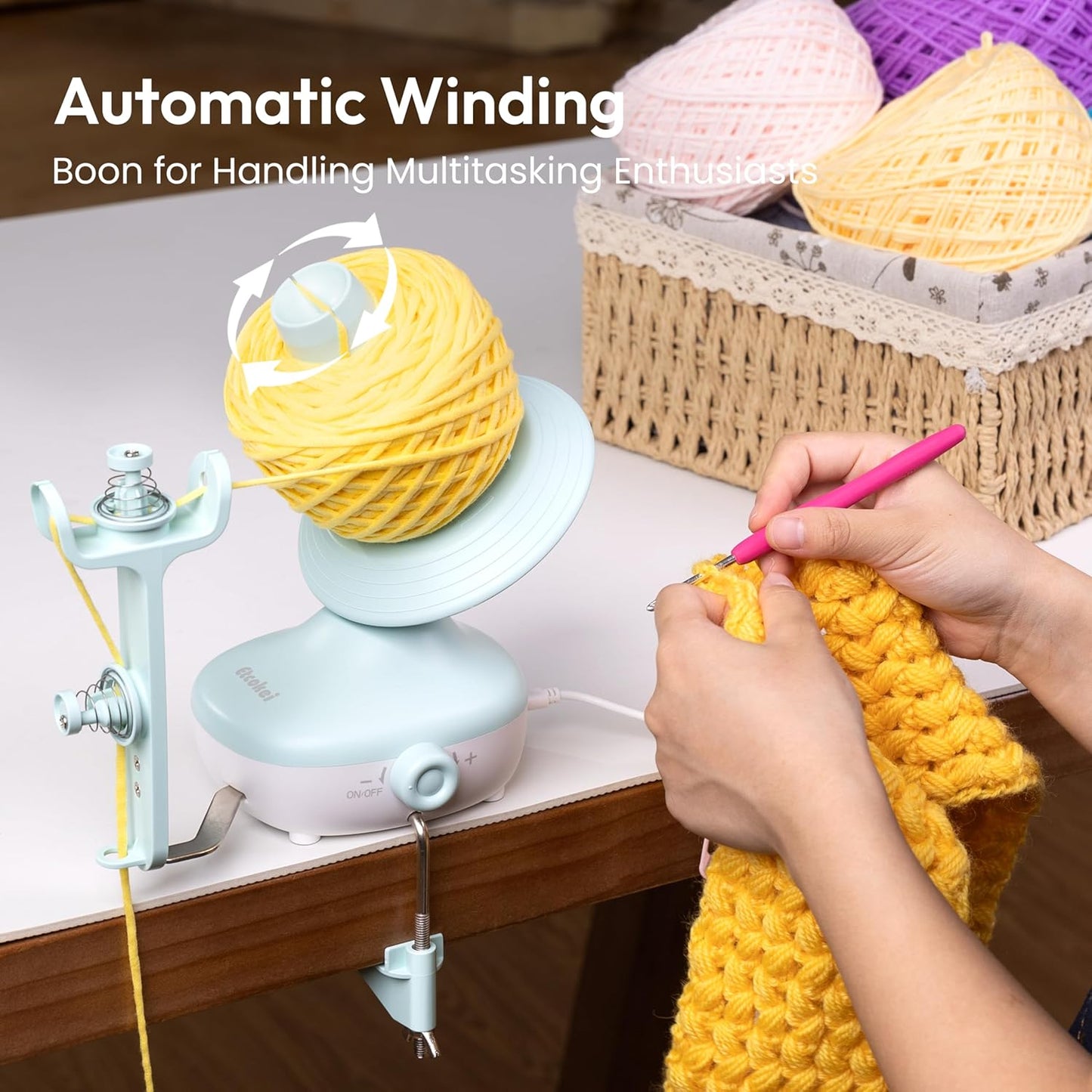Etcokei Electric Yarn Winder for Crocheting, Compact Yarn Cake with Strong Tension Stepless Speed, Automatic Wool Spinner Roller, Ideal Helper for Knitting Lovers(Mint Green)