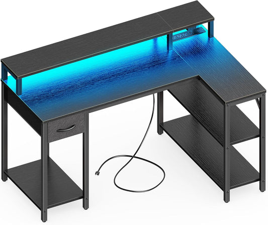 SUPERJARE Reversible L Shaped Gaming Desk with Drawer, LED Lights & Power Outlets, Corner Computer Desk with Shelves & Monitor Stand for Home, Office, Black, 47 inches