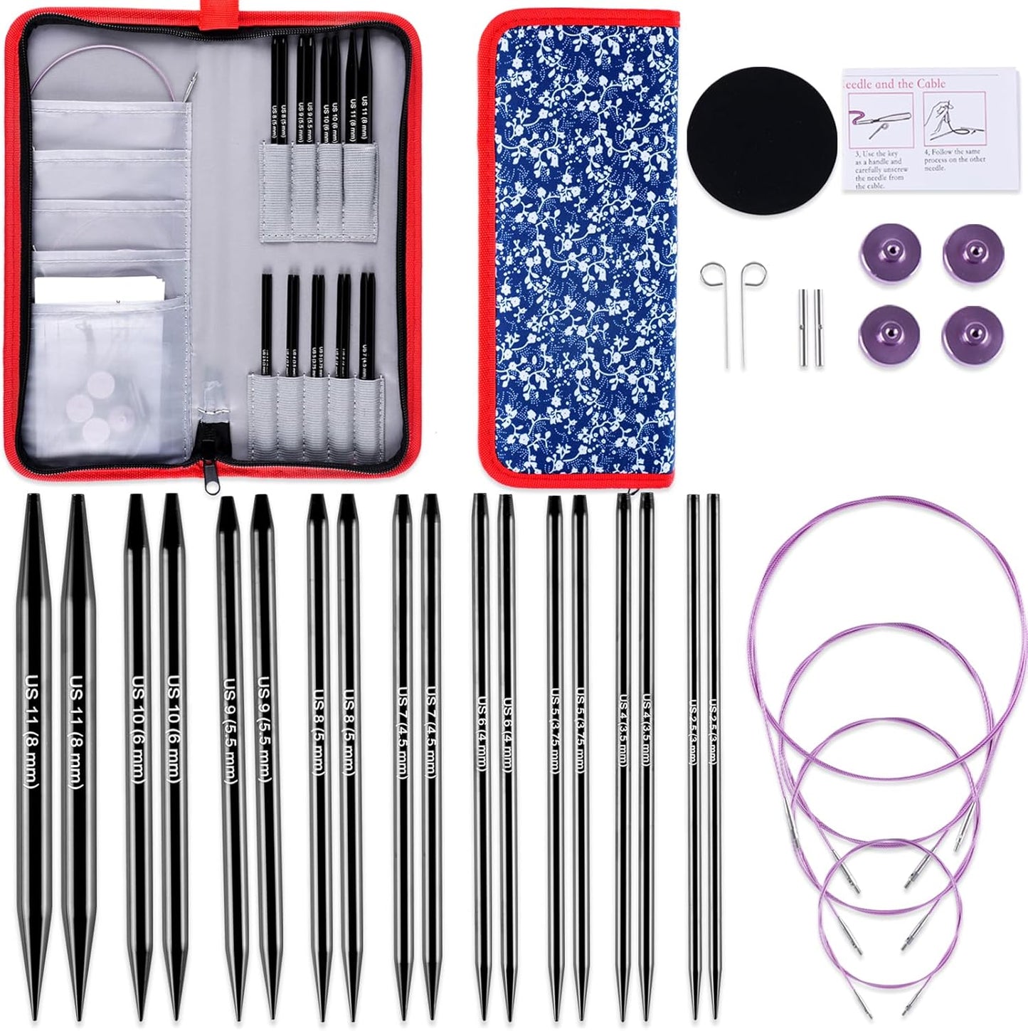 Svartur Interchangeable Circular Knitting Needles Set, with Assorted Circular Knitting Needles and Cables, Accessories and Case, 9 Pairs