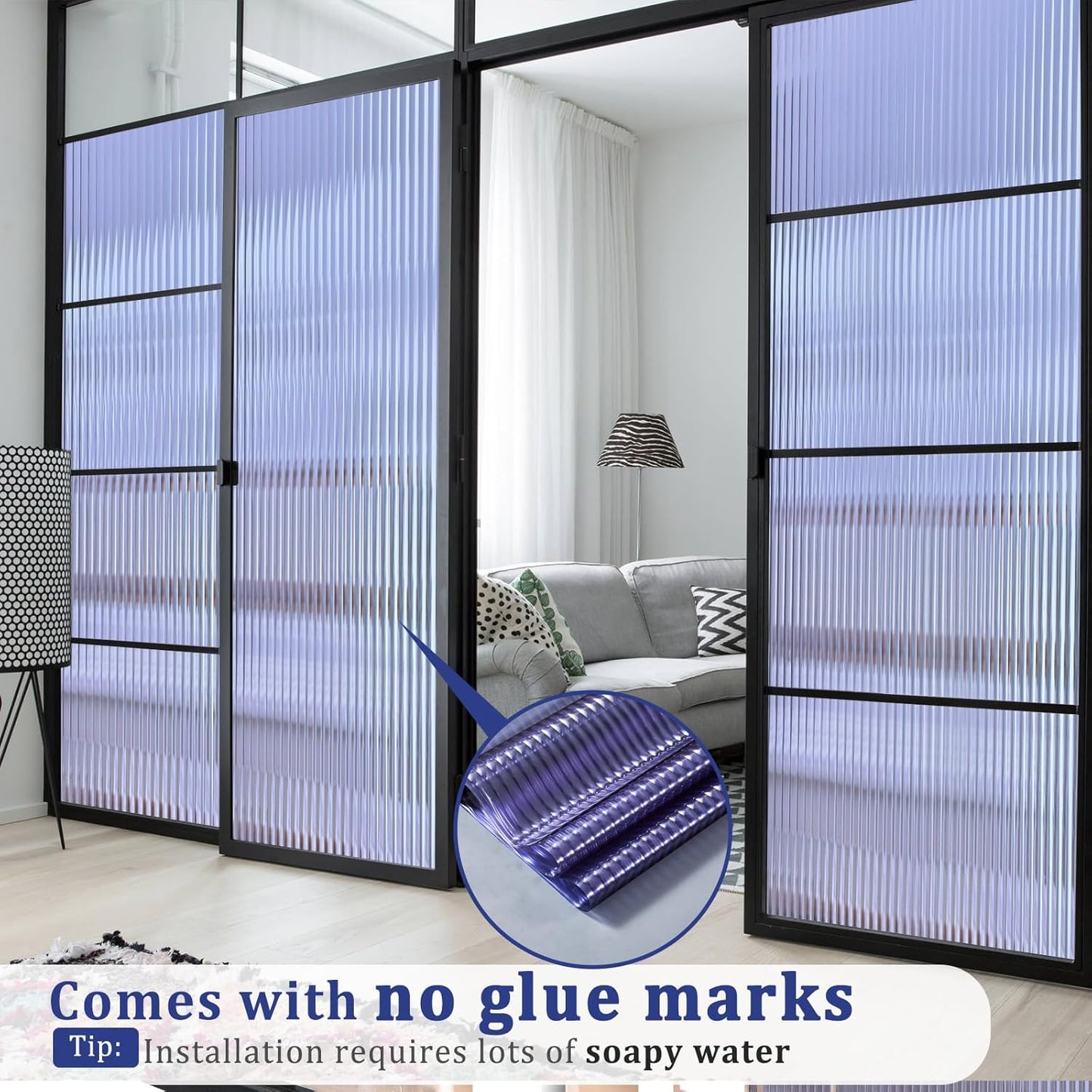 Beautyhero Window Privacy Film, Frosted Reeded Glass Cling, 3D Decorative Coverings with UV Blocking, Adhesive Stickers for Bathroom Doors Cabinet