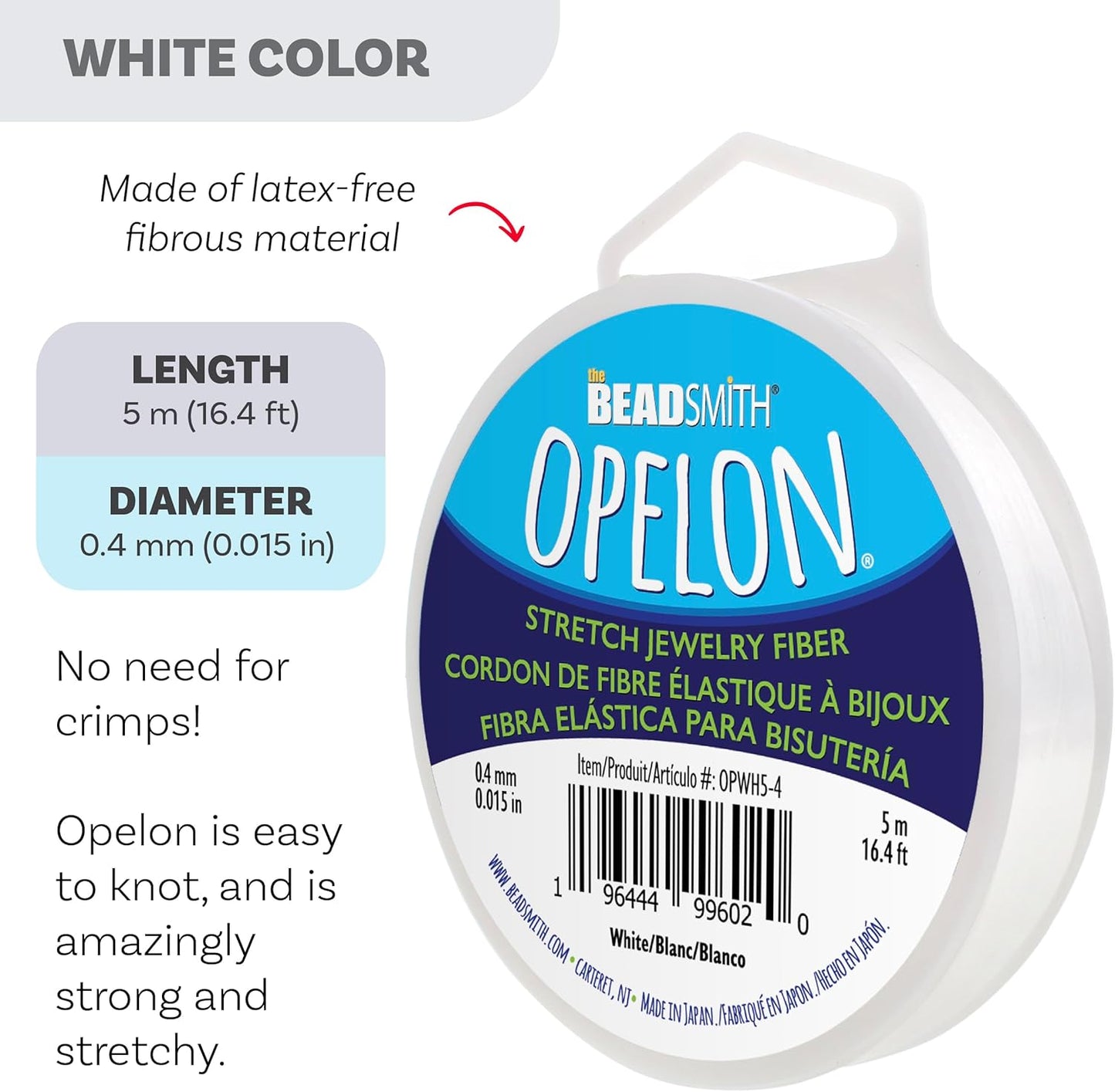 The Beadsmith Opelon Stretch Cord – Elastic Beading Fiber, White, 0.4 mm Diameter, 5 Meters (16.4 ft) Spool