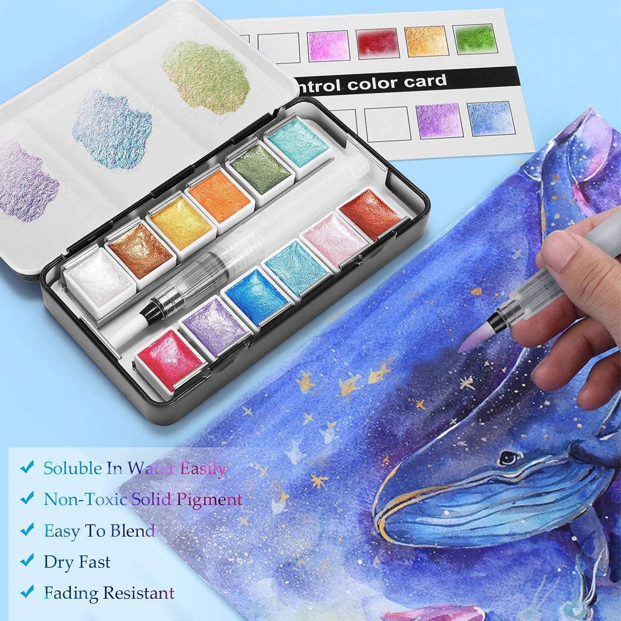 Emooqi Watercolor Paints Set, Metallic Glitter Watercolour Solid Paint Include 12 Metallic Glitter Color 2 Water Brushes 2 Color Card Storage Bag, Ideal for Illustrations Painting.