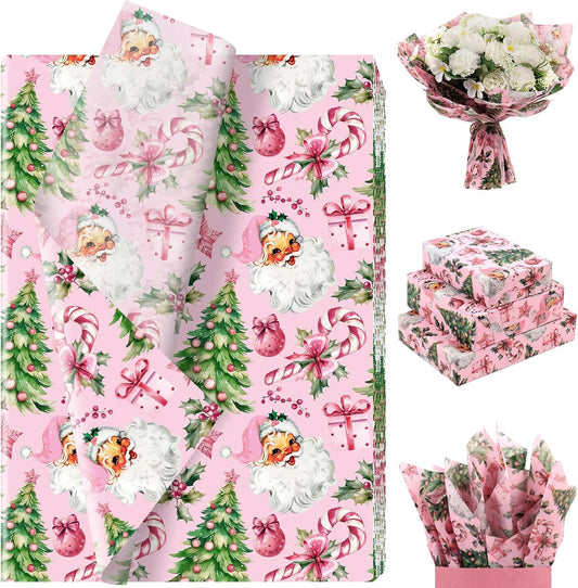 100 Sheets Pink Santa Tissue Paper, Santa Claus Xmas Tree Berries Bell Patterns Decorative Art Paper for Winter Home Party DIY Crafts Christmas Party Supplies, 13.8 x 19.7 Inch