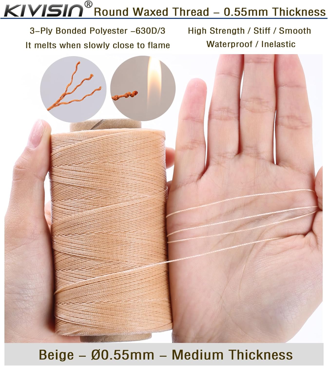 Sturdy Bonded Waxed Polyester Thread, 0.55mm, 437 Yards Wax String Cord - Beige for Leather, Hand Sewing, Stitching, Beading, Bookbinding, Bracelets and Macrame Jewelry Making