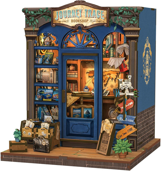 Fsolis Book Nook Kit, DIY Miniature Scene House Kit for Adults and Beginners Tiny House Mini Bookshop Model Bookshelf 3D Puzzles Nook Decor Gifts for Women Teenagers (Journey Trace Bookshop)