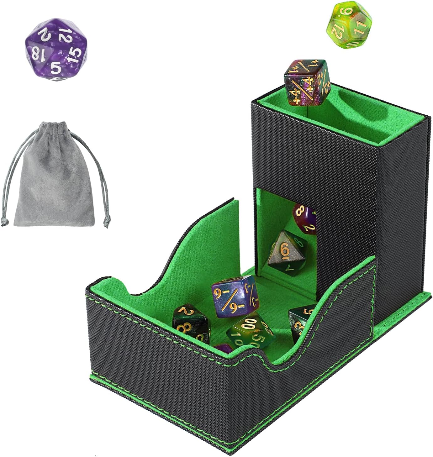 Dice Roller Tower, Premium DND Magnetic Dice Tray, Foldable PU Leather Dice Tower RPG Gifts for Dungeons and Dragons MTG Dm & Player Black/Green