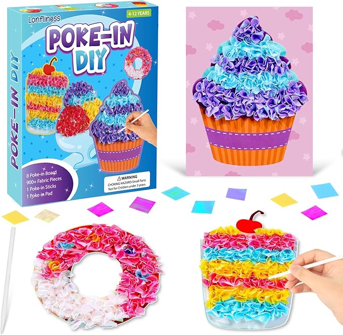 8PCS Poke-in Craft and Art Kit Dessert Cake Theme No-Mess Fabric Sewing Art Puzzle Puncture Painting Ice Cream Donut Toy Gift for Creative Activity Game Birthday Party
