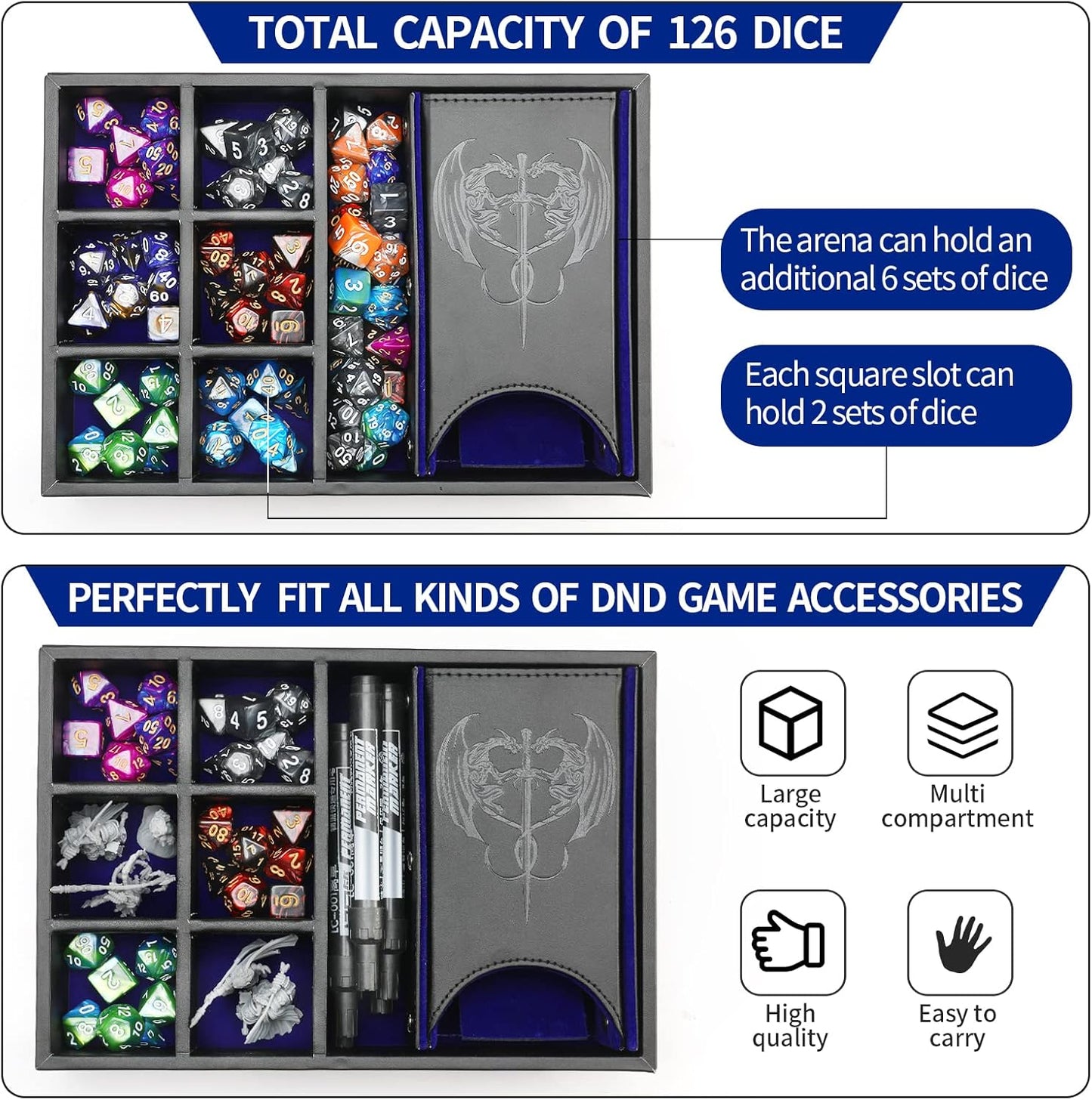 3 in 1 Dice Tray with Lid, Portable Dice Box Storage for DND, Dungeons and Dragons, D&D, MTG & RPG Games - Blue