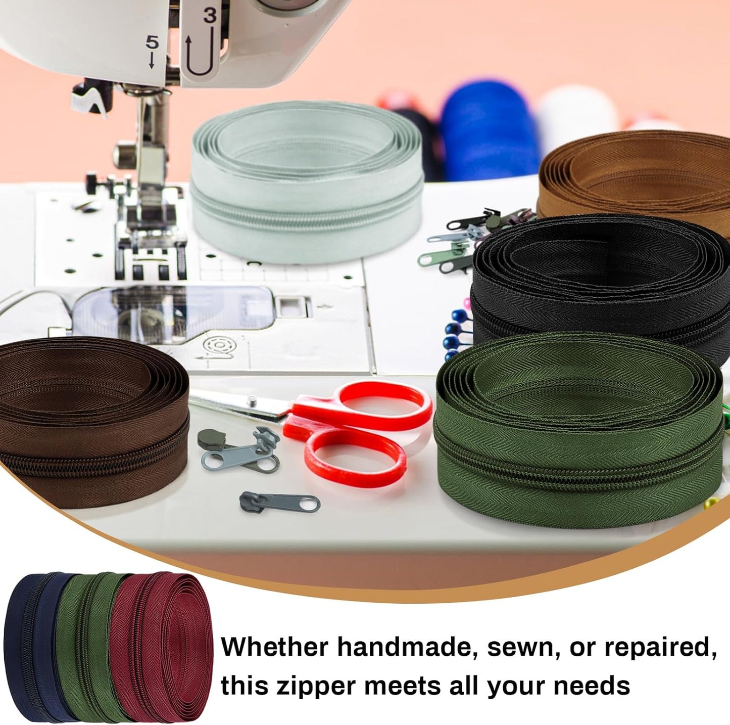 DOITEM 22.2 Yards/ 20 m 10 Pieces Assorted Colors #5 Nylon Coil Zippers, Sewing Zippers Endless Zips with 40 Pieces Zipper Sliders Zip Heads for DIY Sewing Tailor Craft Supplies