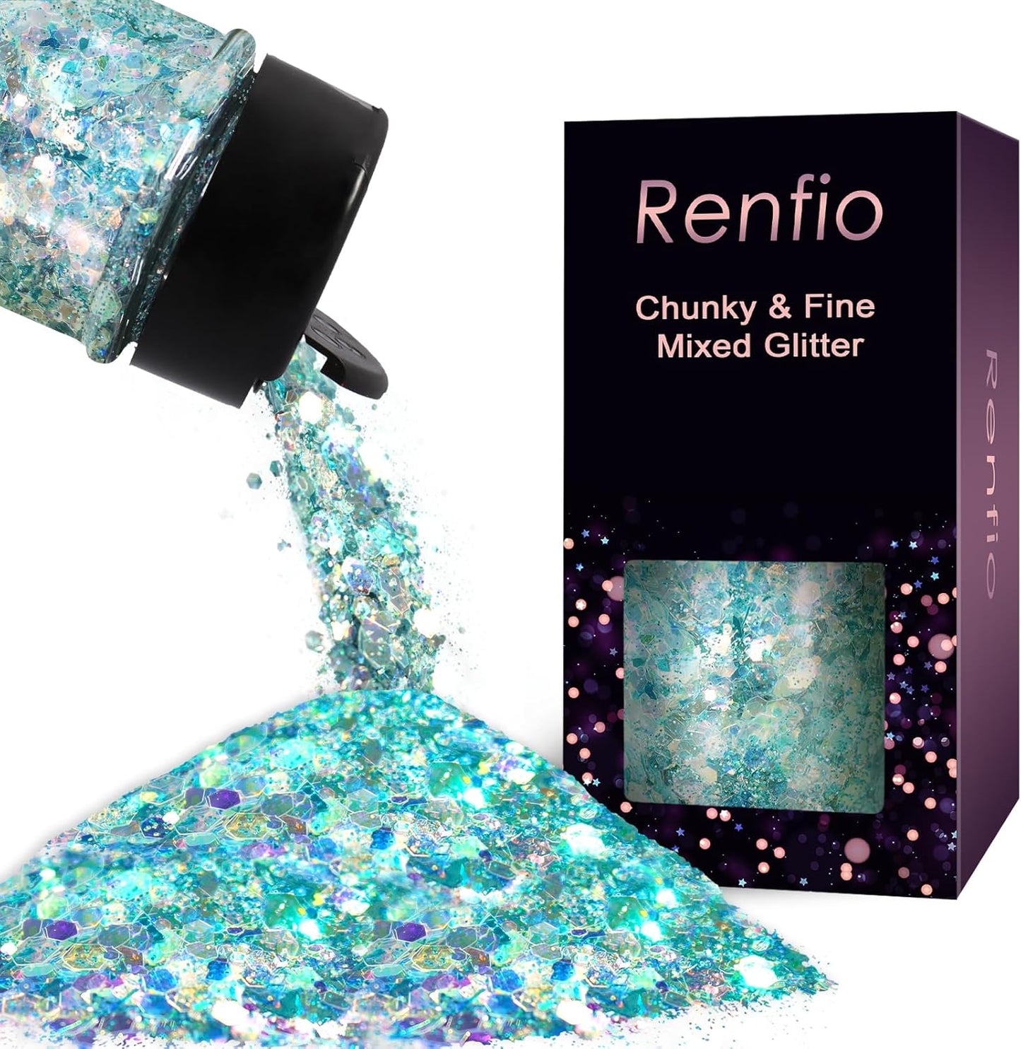 Renfio Opal Chunky Glitter, 1.75oz/50g Blue High Sparkle for Crafts - Holographic Fine Mix Iridescent Flakes for Resin, Nails, Art, Hair, DIY, Snow Globe - Azure Sky