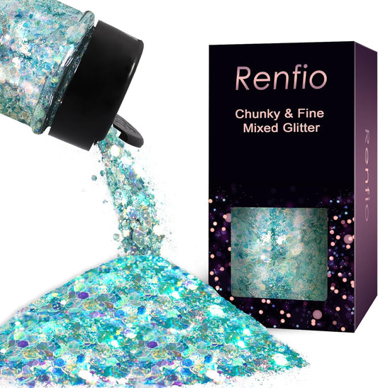 Renfio Opal Chunky Glitter, 1.75oz/50g Blue High Sparkle for Crafts - Holographic Fine Mix Iridescent Flakes for Resin, Nails, Art, Hair, DIY, Snow Globe - Azure Sky