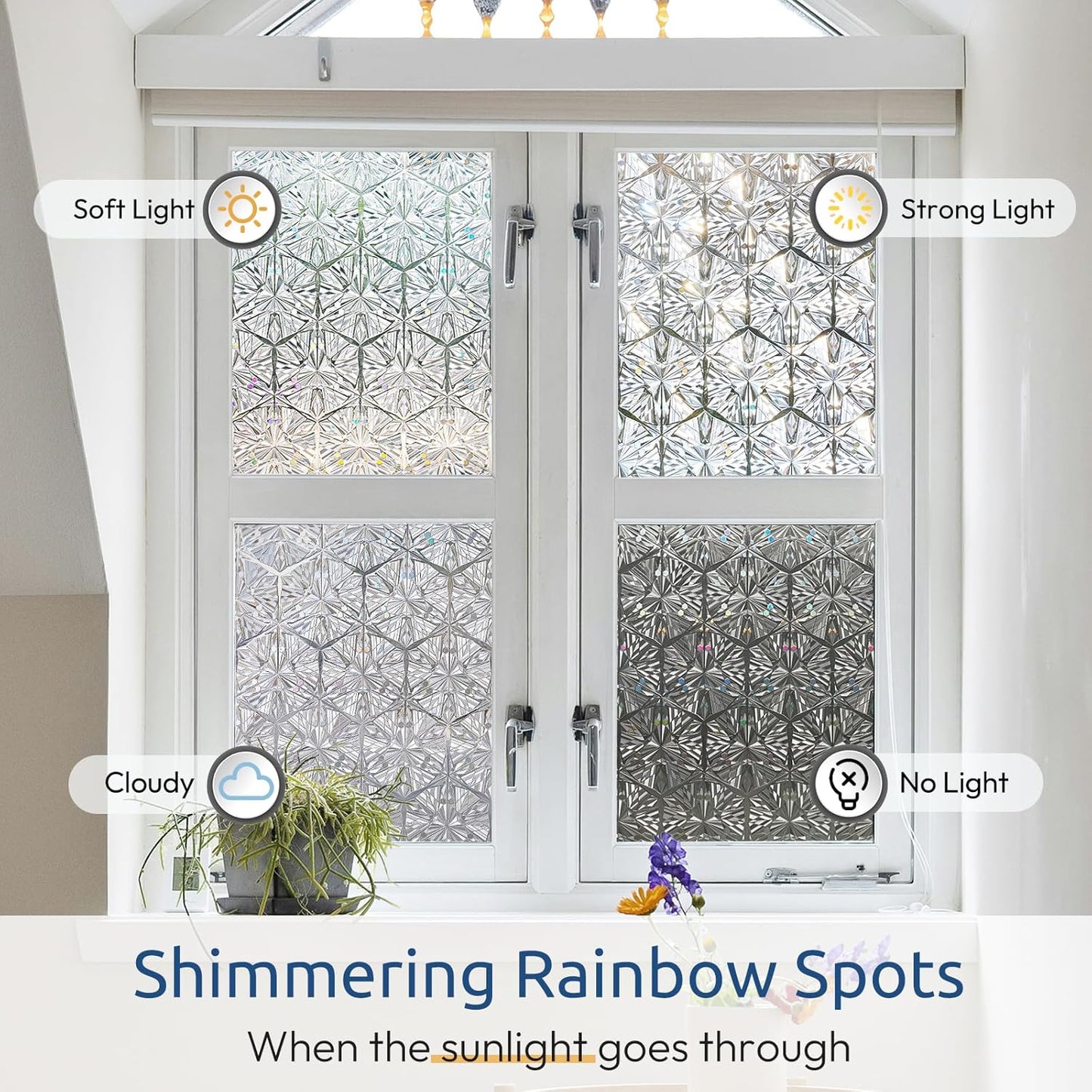 rabbitgoo Window Privacy Film Stained Glass Window Film, Decorative Stickers Removable UV Sun Blocking Clings Door Coverings, Diamond Pattern, 17.5 x 157.5 inches